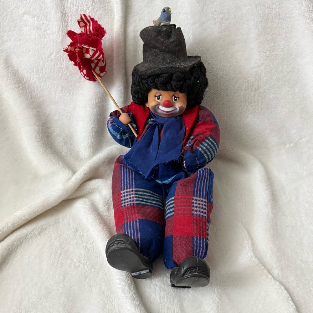 Vintage Musical Clown Doll in Red & Blue Plaid